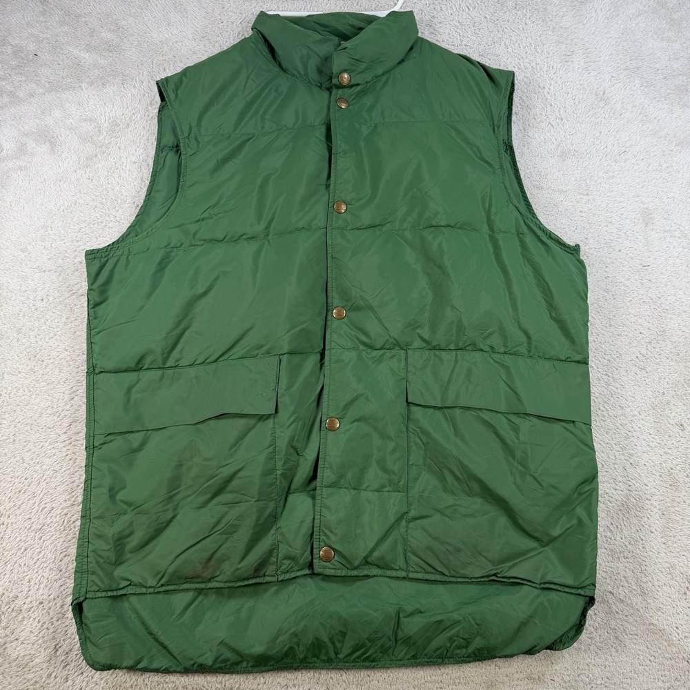 Vintage LL Bean Vest Mens Large Green Down Puffer Snap Front USA Outdoors Hiking